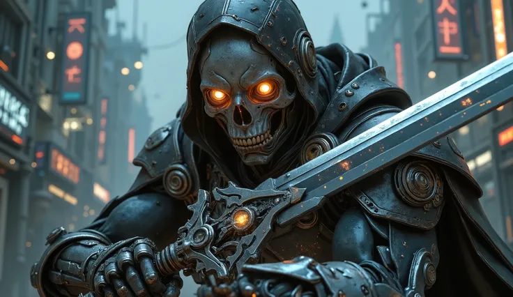 striking cover cover, Creating a human and cyborg skull with cyborg eyes, illuminated orange eyes, with a medieval sword with the blade of the sword reflecting the enemy's army, looking at the viewer, armor holder, neutral background