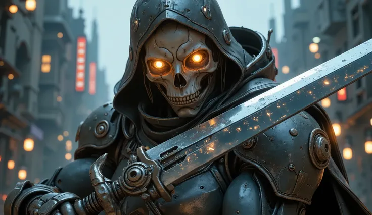 striking cover cover, Creating a human and cyborg skull with cyborg eyes, illuminated orange eyes, with a medieval sword with the blade of the sword reflecting the enemy's army, looking at the viewer, armor holder, neutral background