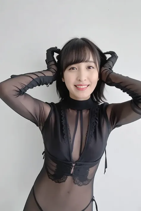 8k, RAW Photo, Best Quality, Masterpiece:1.2),(Realistic, photo-realistic:1.37), Super Detail, Wearing black pantyhose,She is wearing tight thin fitting transparent black long sleeve turtleneck, no skirts, transparent, cinematic lighting, sexy pose, monoto...