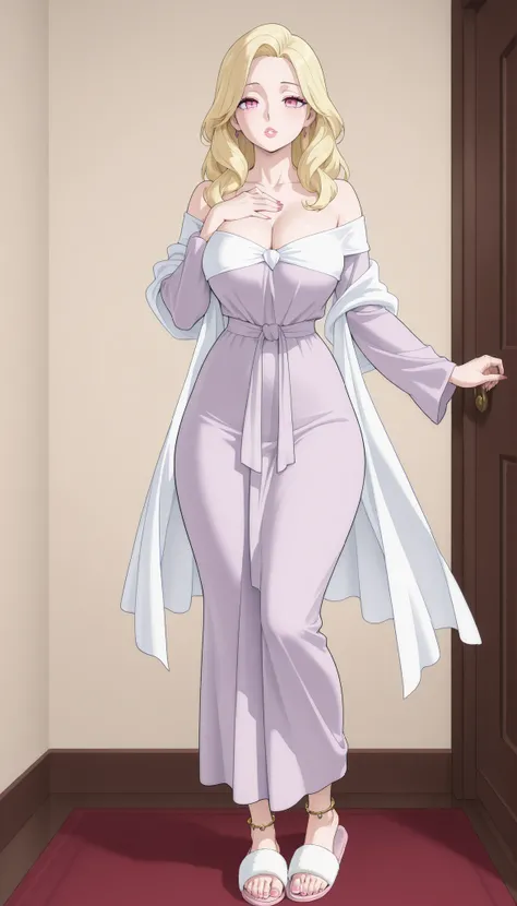 A mature beautiful woman with blond hair, extremely fair white natural skin, big pink eyes, red plump glossy lips, pink nails, a small waist, and a perfect slim yet curvy body. She's only wearing a revealing mini-short-length purple robe with long flared s...
