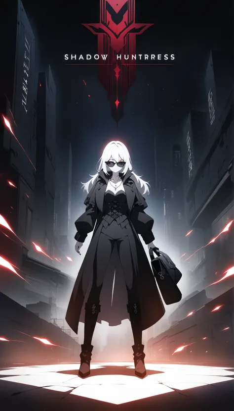 Highly detailed action figure blister packaging design featuring a solo female anime character titled "Shadow Huntress". The full-body figure is centered, with long silver or white hair, red glowing eyes, pale skin, wearing a gothic black outfit: corset to...