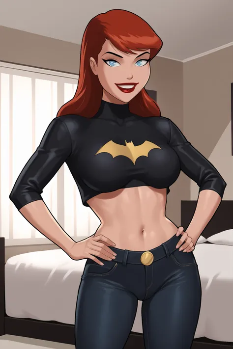 1980s (style), retro artstyle, source_cartoon, score_9, score_8_up, score_7_up, score_6_up, ((zPDXL2)), (cartoon, highly detailed, masterpiece, absurd resolution, perfect anatomy), cowboy shot BREAK barbara gordon, long hair, red hair, blue eyes, solo,  ((...
