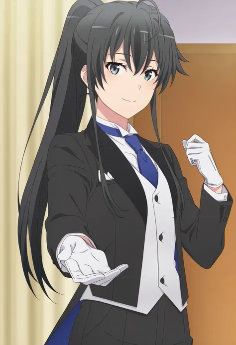 score_9,score_8_up,score_7_up,source anime,anime screencap,anime coloring,masterpiece,best quality,,,in front,,,1girl, solo, standing yukinoshita yukino, blue eyes , black hair, long hair, ponytail, tuxedo tailcoat, butler, blue necktie, black pants, white...