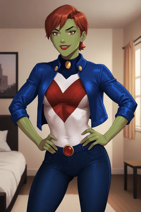 PonyXLV6_Scores BREAK (perfect anatomy, perfect eyes), BREAK mgann morzz, short hair, red hair, colored skin, green skin, freckles, brown eyes, makeup, red lipstick, ((looking at viewer)), superhero, dark blue leather jacket, red crop top, black jeans, cur...