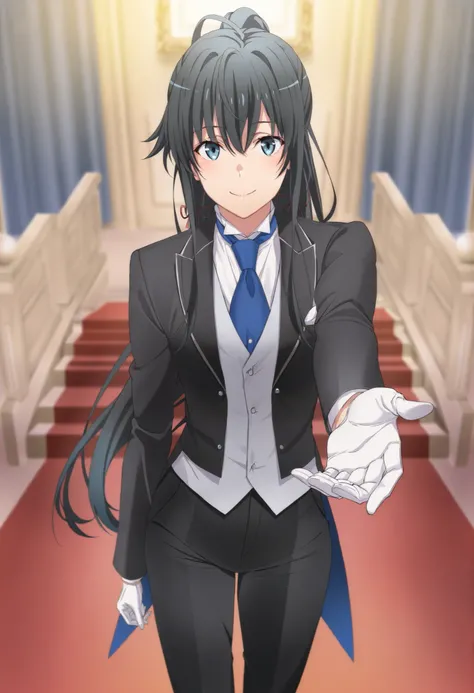 ,,masterpiece,best quality,,,in front,,,1girl, solo, standing yukinoshita yukino, blue eyes , black hair, long hair, ponytail, tuxedo tailcoat, butler, blue necktie, in front of viewer directly, black pants, white gloves , soft thighs,cool smile, reaching ...