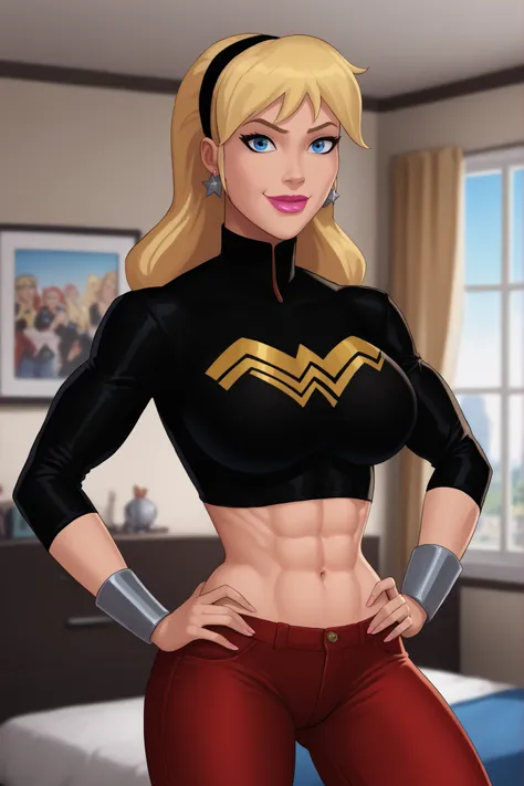 safe_pos, PonyXLV6_Scores BREAK (((parody style, parody:1.2)), perfect anatomy, cowboy shot) 1girl, blonde hair, blue eyes, ((looking at viewer)), hairband, star earrings,  curvy,  athletic, indoors, long sleeve, black leather jacket, black crop top, red j...