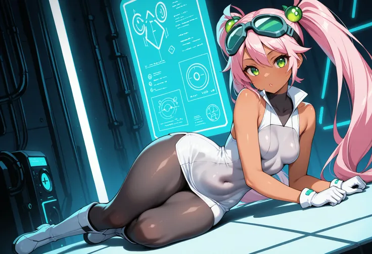1girl, full body, Lovrina-inspired character, tan skin, vivid pink hair, very long pigtails, green eyes, looking at viewer, wearing a futuristic short dress (grey stomach, sleeveless), black pantyhose, grey thigh-high boots, white gloves, goggles on head, ...