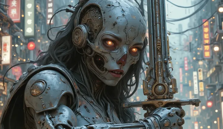 striking cover cover, Creating a human and cyborg skull with cyborg eyes, illuminated orange eyes, brandishing a medieval sword with the blade of the chrome sword, looking at the viewer, armor holder, neutral background, Behind death and destruction