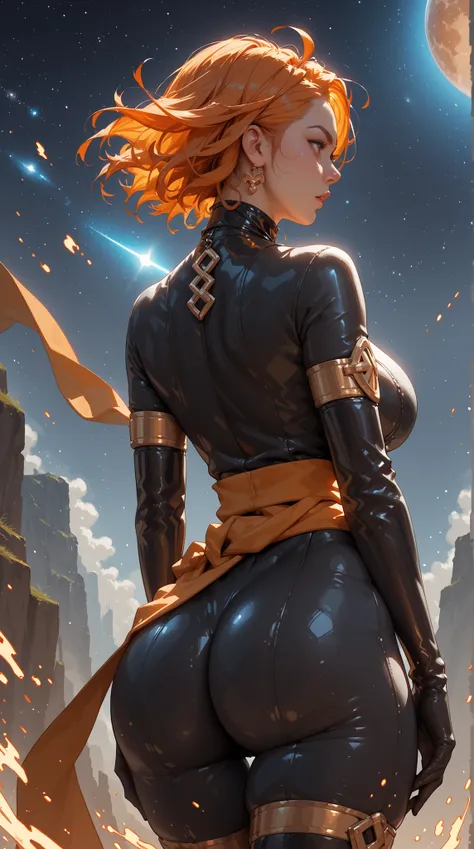 JeanGrey, black and gold bodysuit, Plumpy , large butt, fat buttocks, orange flame aura sparkling around her, elbow gloves, thigh highs, sash, levitating in dark space, kuna2, expressiveh