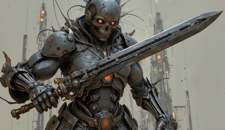 striking cover cover, Creating a human and cyborg skull with cyborg eyes, illuminated orange eyes, brandishing a medieval sword with the blade of the chrome sword, looking at the viewer, armor holder, neutral background, Behind death and destruction