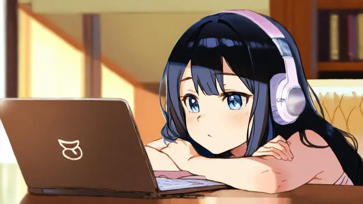 ((top quality)), ((masterpiece)), (details), 1 girl、sexy、pretty girl with headphones、studying on her laptop in a cozy stylish cafe。warm lighting、Soft Shadows、Vintage furniture、Books and coffee on the table、serene and peaceful atmosphere。lo-fi anime art sty...