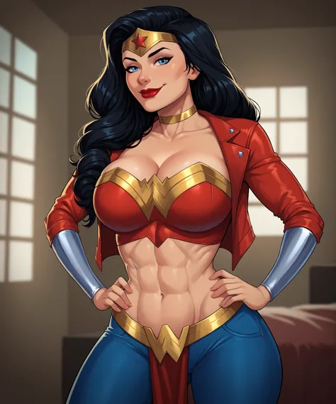 safe_pos,  2d, 1girl, solo, wide hips, DC Comics, 1girl, solo, DC Comics, Wonder Woman, Diana Prince, Blue Eyes, red lips, lipstick, Black Hair, Long Hair, gold tiara, gold choker, red leather jacket, long sleeve, red crop top, blue jeans, large breasts, c...