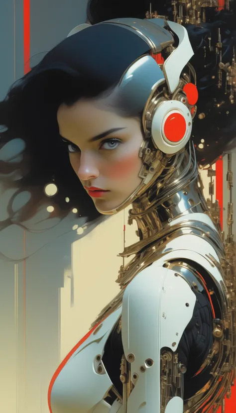 front view, fluorescent horizon, The image depicts a female cyborg or android figure in futuristic, armored attire. She has long, flowing black hair and is set against a red background. Her appearance is sleek and metallic, with various mechanical and robo...