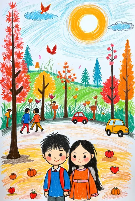 obra-prima, imagem, illustration, Portrait of a boy and a girl, Stopping by going to school, carros, pedestres, muito verde , flowers and birds in the blue sky, sun and clouds