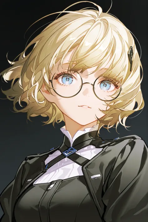 1girl, blonde hair, blue eyes, high detailed eyes, round glasses with thin rim, simple background, looking at the viewer, stylish, asymmetrical bangs, short hair, wavy hair, upper body, arknights-like outfit, no ears, cool girl, Detailed perspective.  Real...