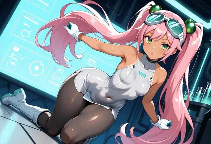 1girl, full body, Lovrina-inspired character, tan skin, vivid pink hair, very long pigtails, green eyes, looking at viewer, wearing a futuristic short dress (grey stomach, sleeveless), black pantyhose, grey thigh-high boots, white gloves, goggles on head, ...