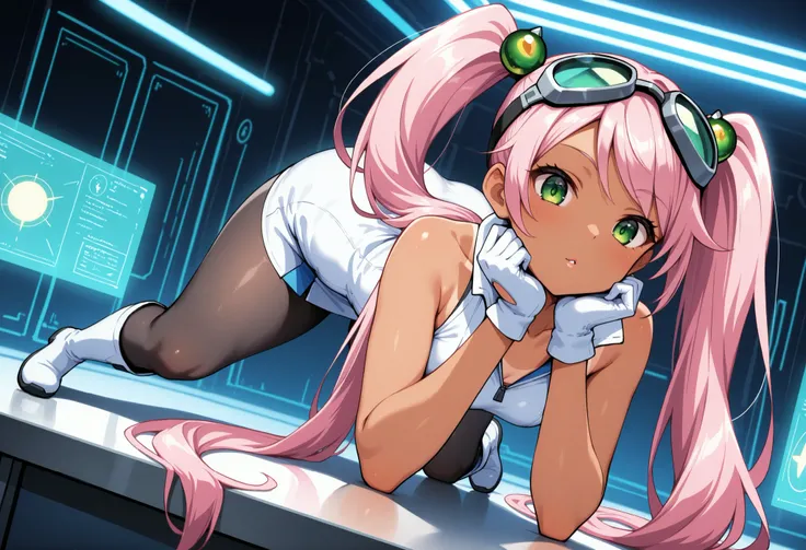 1girl, full body, Lovrina-inspired character, tan skin, vivid pink hair, very long pigtails, green eyes, looking at viewer, wearing a futuristic short dress (sleeveless), black pantyhose, grey thigh-high boots, white gloves, goggles on head, green bobble o...