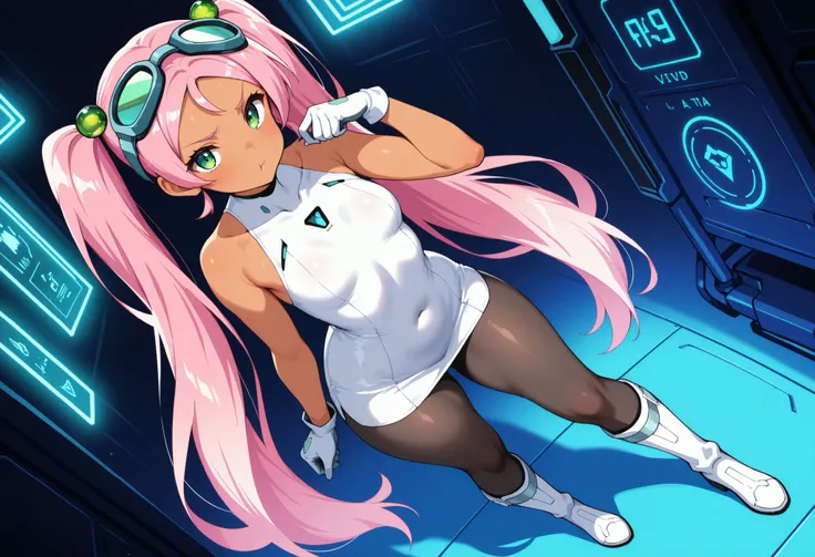 1girl, full body, Lovrina-inspired character, tan skin, vivid pink hair, very long pigtails, green eyes, looking at viewer, wearing a futuristic short dress (sleeveless), black pantyhose, grey thigh-high boots, white gloves, goggles on head, green bobble o...