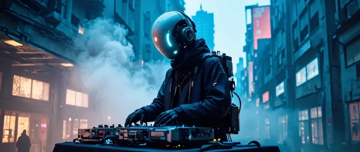 Recypu style, CyberpunkStyle: Cyberpunk highly detailed, high-resolution photograph. A futuristic, armored robotic DJ in a decadent and vibrant urban setting. The subject's head is covered by a sleek, metallic helmet that obscures the face, giving an impos...