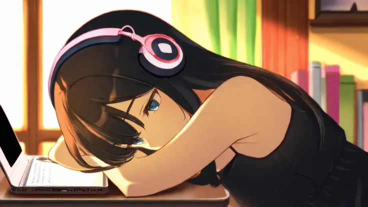 ((top quality)), ((masterpiece)), (details), 1 girl、sexy、pretty girl with headphones、studying on her laptop in a cozy stylish cafe。warm lighting、Soft Shadows、Vintage furniture、Books and coffee on the table、serene and peaceful atmosphere。lo-fi anime art sty...