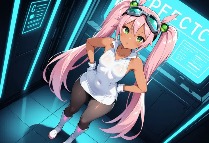 1girl, full body, Lovrina-inspired character, tan skin, vivid pink hair, very long pigtails, green eyes, looking at viewer, wearing a futuristic short dress (sleeveless), black pantyhose, grey thigh-high boots, white gloves, goggles on head, green bobble o...