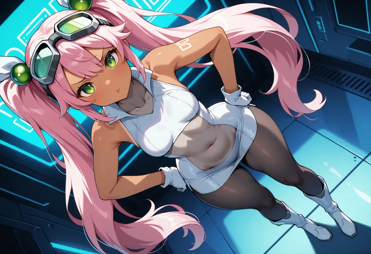 1girl, full body, Lovrina-inspired character, tan skin, vivid pink hair, very long pigtails, green eyes, looking at viewer, wearing a futuristic short dress (grey stomach, sleeveless), black pantyhose, grey thigh-high boots, white gloves, goggles on head, ...