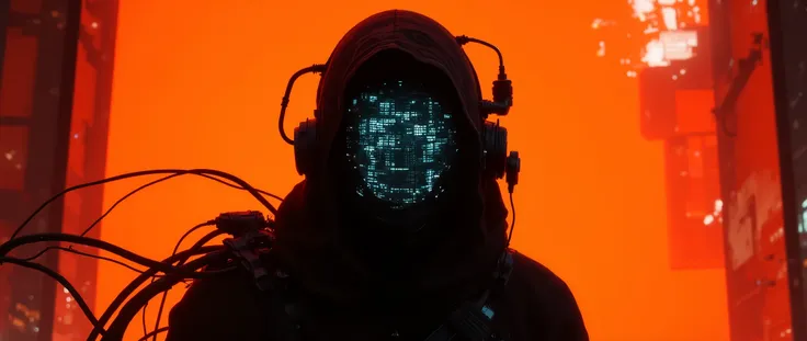 stunning tangarine cityscape apoclypse A cyber information scout clad in dark mechanical armor, equipped with advanced visual devices that hide their face behind a glowing display - ASCII art is visible on the screen. A luminous, tangerine neon-lit backgr...