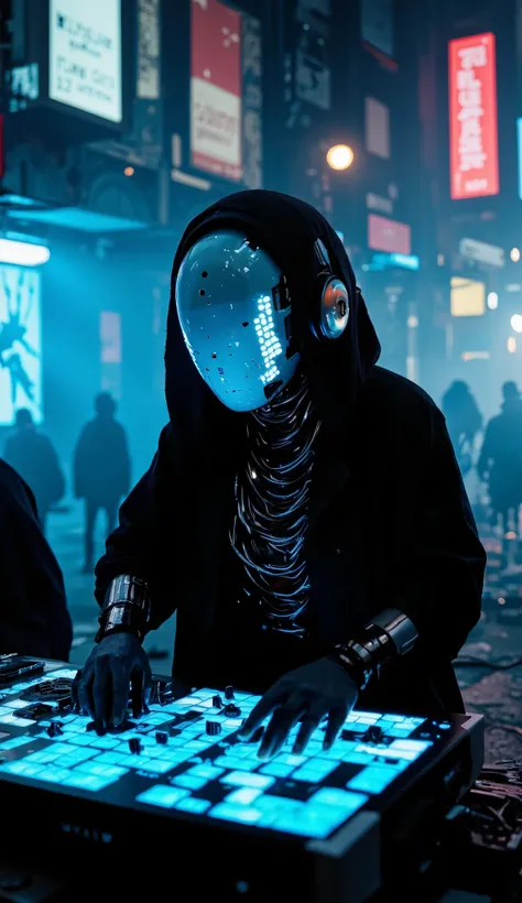 S1n0z1ck style, Recypu style, CyberpunkStyle: Cyberpunk highly detailed, high-resolution photograph. A futuristic, armored robotic DJ in a decadent and vibrant urban setting. The subject's head is covered by a sleek, metallic helmet that obscures the face,...