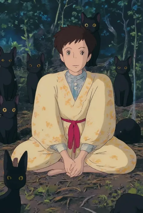 A mysterious and ethereal scene of a beautiful young wizard seated in the middle of a moonlit glade, surrounded by a circle of sleek black cats with piercing golden eyes. The wizard is adorned in a deep yellow with picton blue turttleneck inside, intricate...