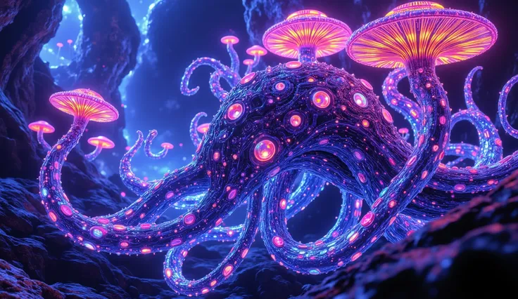 A majestic mechanical kraken emerges from the neon-illuminated clouds in an alien environment, its tentacles adorned with intricate gears and brilliant bioluminescent patterns. surrounding other strange and fantastic creatures. The scene is set against the...
