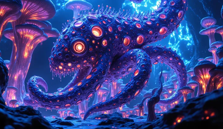 A majestic mechanical kraken emerges from the neon-illuminated clouds in an alien environment, its tentacles adorned with intricate gears and brilliant bioluminescent patterns. surrounding other strange and fantastic creatures. The scene is set against the...