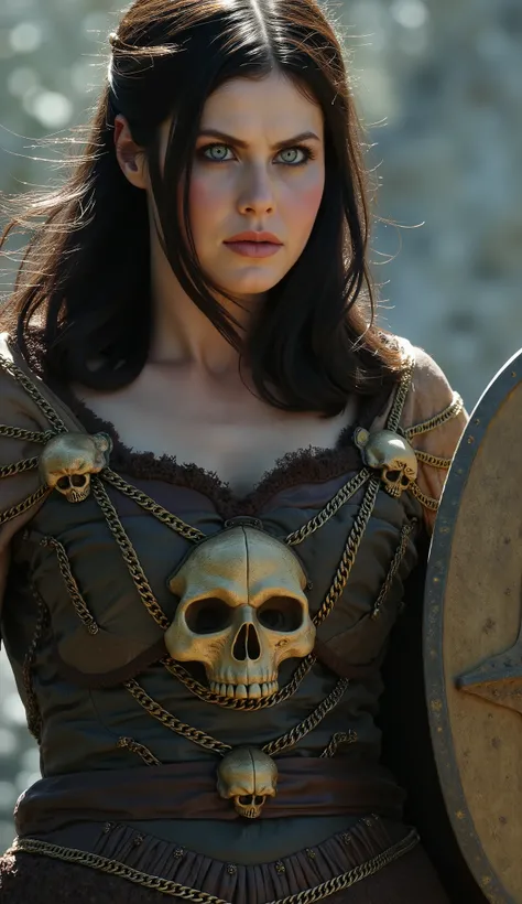 Gal Gadot as Viking, sword and shield adorned with skulls and chains a hyper realistic image close up upper body textures hyper-detailed textures the hyper realistic background of a city of skulls with textures in 8k
