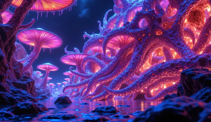 A majestic mechanical kraken emerges from the neon-illuminated clouds in an alien environment, its tentacles adorned with intricate gears and brilliant bioluminescent patterns. surrounding other strange and fantastic creatures. The scene is set against the...
