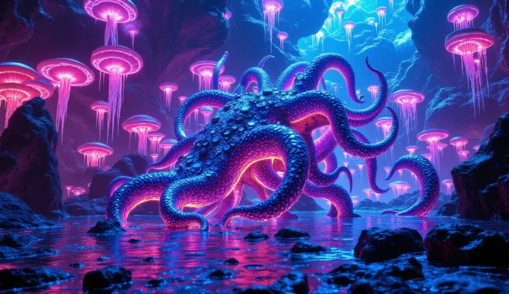A majestic mechanical kraken emerges from the neon-illuminated clouds in an alien environment, its tentacles adorned with intricate gears and brilliant bioluminescent patterns. surrounding other strange and fantastic creatures. The scene is set against the...
