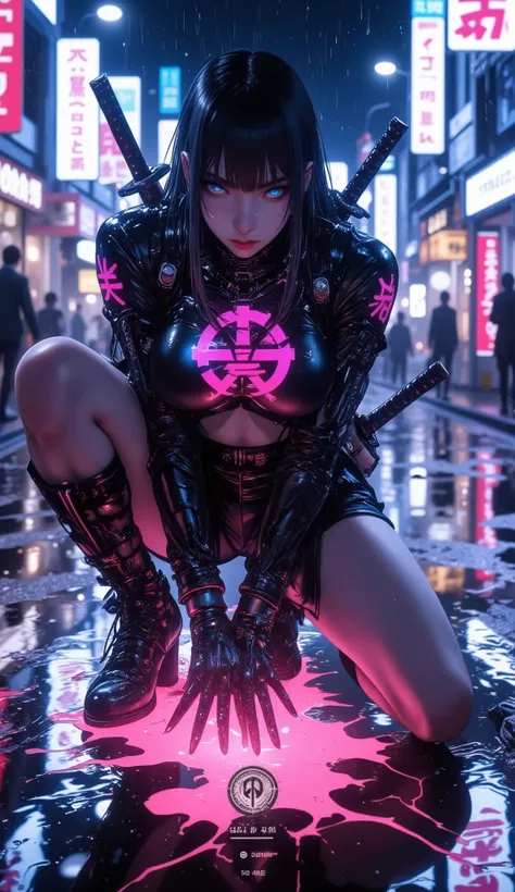 Marika Tachibana is cyberpunk female samurai, crouched on wet neon-lit Tokyo street at night, intense blue eyes glowing, short techwear suit with kanji symbols pulsing on chest and arms, dual katanas sheathed on back, futuristic rain falling, reflection of...