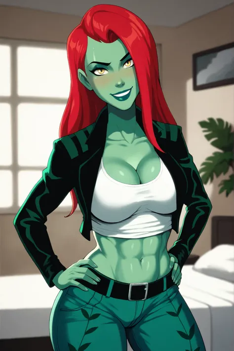 PoisonIvyCartoon, BREAK, score_8_up, score_7_up, score_6_up, score_9, 1girl, lipstick, makeup, large breasts, cleavage, yellow eyes, green skin, colored skin, long red hair, black lips, curvy, athletic, standing, happy expression, smiling, closed mouth, ha...