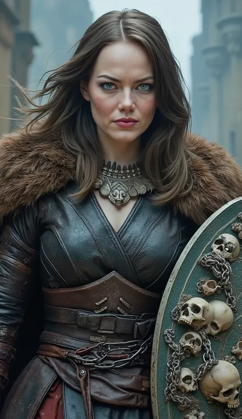 Gal Gadot as Viking, sword and shield adorned with skulls and chains a hyper realistic image close up upper body textures hyper-detailed textures the hyper realistic background of a city of skulls with textures in 8k
