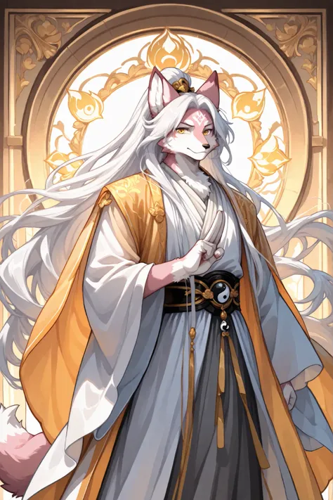 A beautiful kitsune male(white and pink fur, yellow eyes, very long hair, furry tail), furry art, style picture of a man , handsome anime pose, soft lighting, flowing yellow and orange robes, flowing hair and long robes, white haired deity, wearing a flowi...