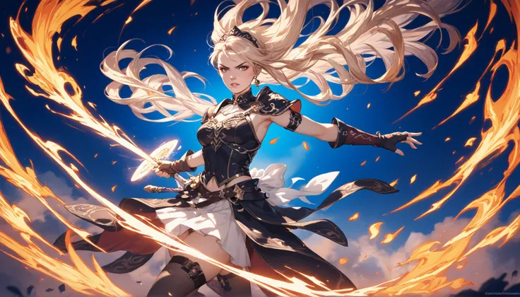 A powerful anime-style digital illustration of a determined young female warrior standing against a fiery sky. Her long hair flows in the wind, and her eyes burn with resolve. She wears a modern fantasy outfit with glowing accents, symbolizing inner streng...