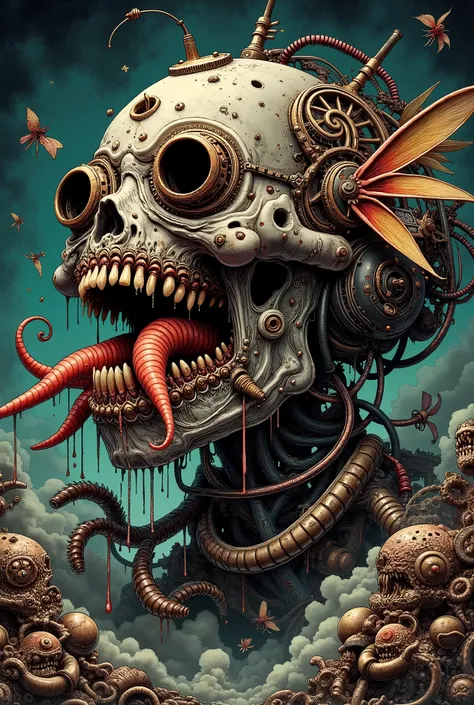 Nurgle plagued Nightmarish Mechanic 😱 , terrible teeth in a terrible jaw, glitched and double exposure and corrupted file, wires and endless braces