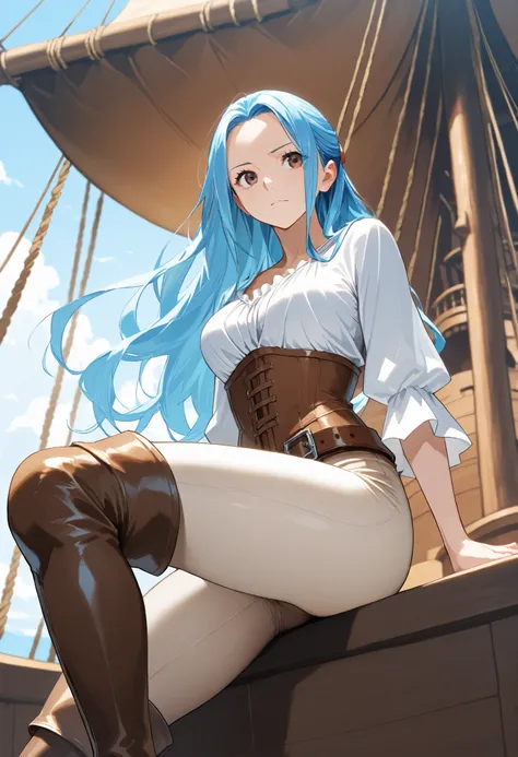 score9_up, score8_up, score7_up, solo, alone, masterpiece, best quality, nefertari-vivi, blue hair, brwon eyes, long hair, brown boots, brown thigh boots,beige pants, beige tight pants, white shirt, brown belt, brown corset, on a pirate ship, very beautifu...