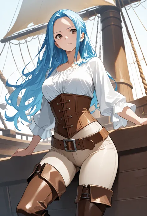 score9_up, score8_up, score7_up, solo, alone, masterpiece, best quality, nefertari-vivi, blue hair, brwon eyes, long hair, brown boots, brown thigh boots,beige pants, beige tight pants, white shirt, brown belt, brown corset, on a pirate ship, very beautifu...