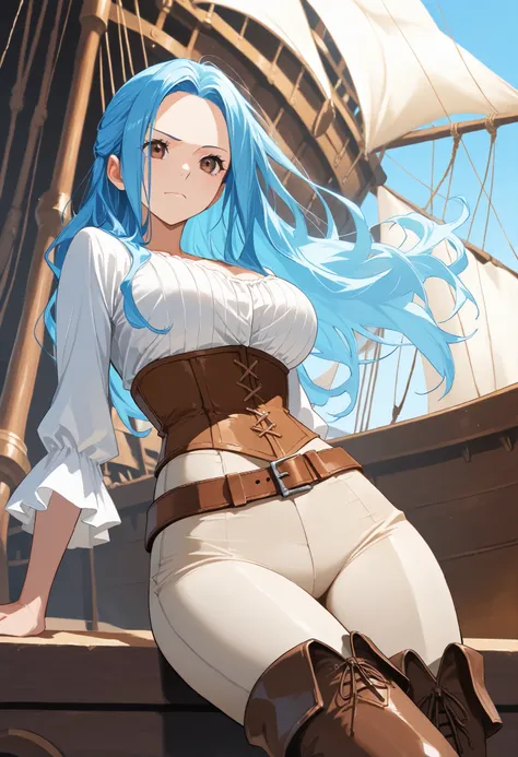 score9_up, score8_up, score7_up, solo, alone, masterpiece, best quality, nefertari-vivi, blue hair, brwon eyes, long hair, brown boots, brown thigh boots,beige pants, beige tight pants, white shirt, brown belt, brown corset, on a pirate ship, very beautifu...