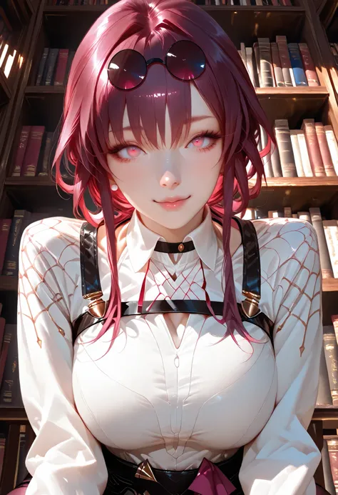 ultra detailed realistic busty kafka half body, red wine hair, red wine color eyes, sexy white shirt kafka outfit, background, ray tracing,  kafka ponytail hair, sitting on the library, perfect cute face, cute pose sexy, low angle