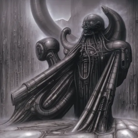 Create a biomechanical surrealist composition in the style of H.R. Giger, emphasizing an intimate, enclosed environment constructed from a dense, interlocking matrix of sinewy tubes, hydraulic pistons, and organic armor-like forms. The composition should f...