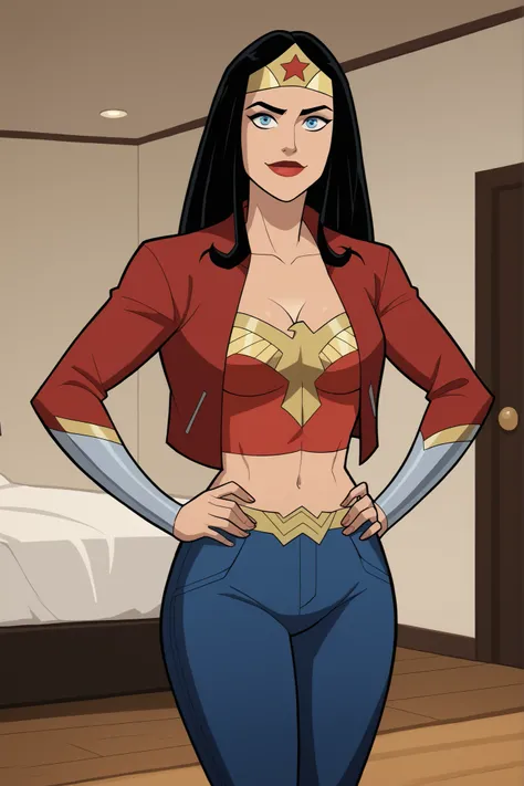 safe_pos, score_9, score_8_up, score_7_up, score_6_up, BREAK, solo, 1girl, wonderwoman, long hair, black hair, blue eyes, tiara, large breasts, cleavage, curvy, athletic, smile, closed mouth, happy expression, looking at viewer, wide hips, lipstick, makeup...