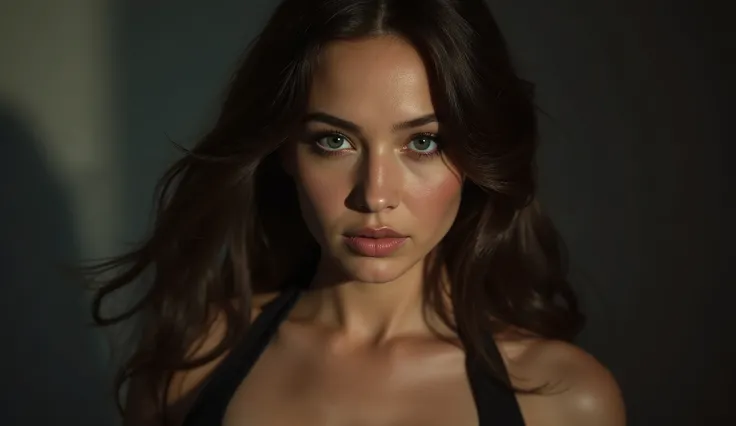 matching large expressive eyes, age 20, 44dd breasts, hyperrealistic detailed portrait, young woman, looking directly at camera, serious expression, cinematic lighting, dramatic shadows, detailed skin texture, intricate makeup, long flowing hair, graceful ...