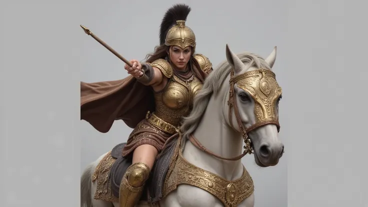 Hippolyta, the Greek Amazon warrior, rides a majestic white horse, both adorned with intricate armor. She has brown hair flowing behind her and wears golden bronze armor with richly ornate cups protecting her chest. Under her armor, detailed black fabric i...