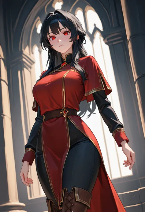 ceii yyorr, red eyes, long hair, black hair, in a castle, solo, RPG style, red tunic, black pants, black thigh pants, brown boots, brown thigh boots, outfit with gold trim, elegant, dominant, dutch angle, cowboy shot, perfect eyes, perfect body