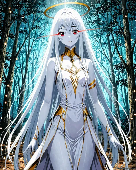 pretty girl with long white hair, White skin, And red eyes, In a forest with lights like in a movie, Dark and dimly lit. . She wears a white dress with dark gold tones , Her eyes stared at, looks at the audience. White skin, Her face is delicate and flawl...